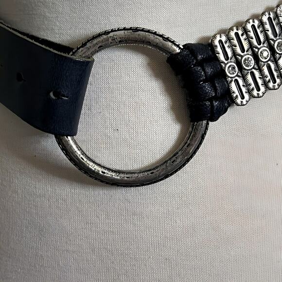 ANTONIAZZI FIRENZE Italy XL Black Leather Belt 1.5” Wide Silver Buckle Crystals - Picture 4 of 10